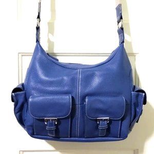 Tignanello Dark Blue 100% Leather Shoulder Hand Bag Purse Top Zip Side Pockets